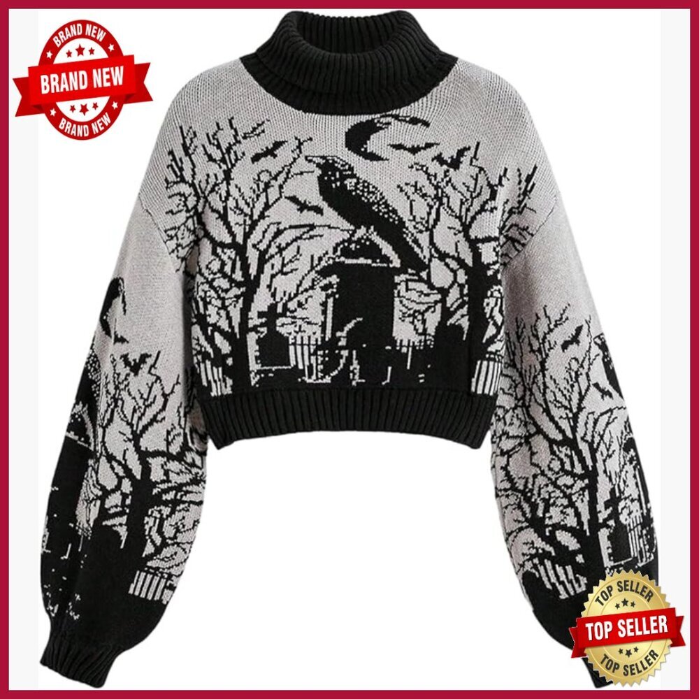 Graphic Turtleneck Sweater Cropped Pullover Long Sleeve Casual Trendy